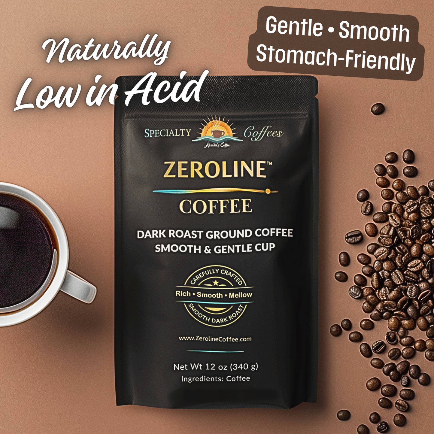 Low Acid Coffee, Stomach-Friendly, Ultra Low Acid, Non-GMO, Fresh Roasted to Order, Dark Roast, Specialty-Grade Coffee, 12 oz